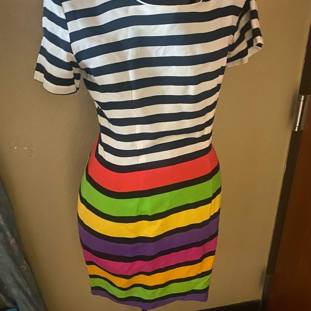 vintage-style striped sheath dress, likely from the brand My Michelle, 12